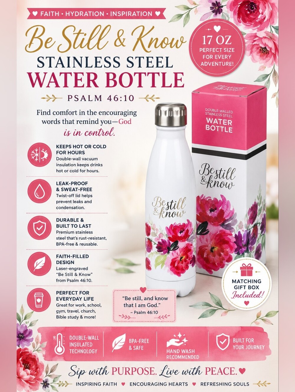 Be Still & Know White Floral Stainless Steel Water Bottle | Psalm 46:10 | 17 oz